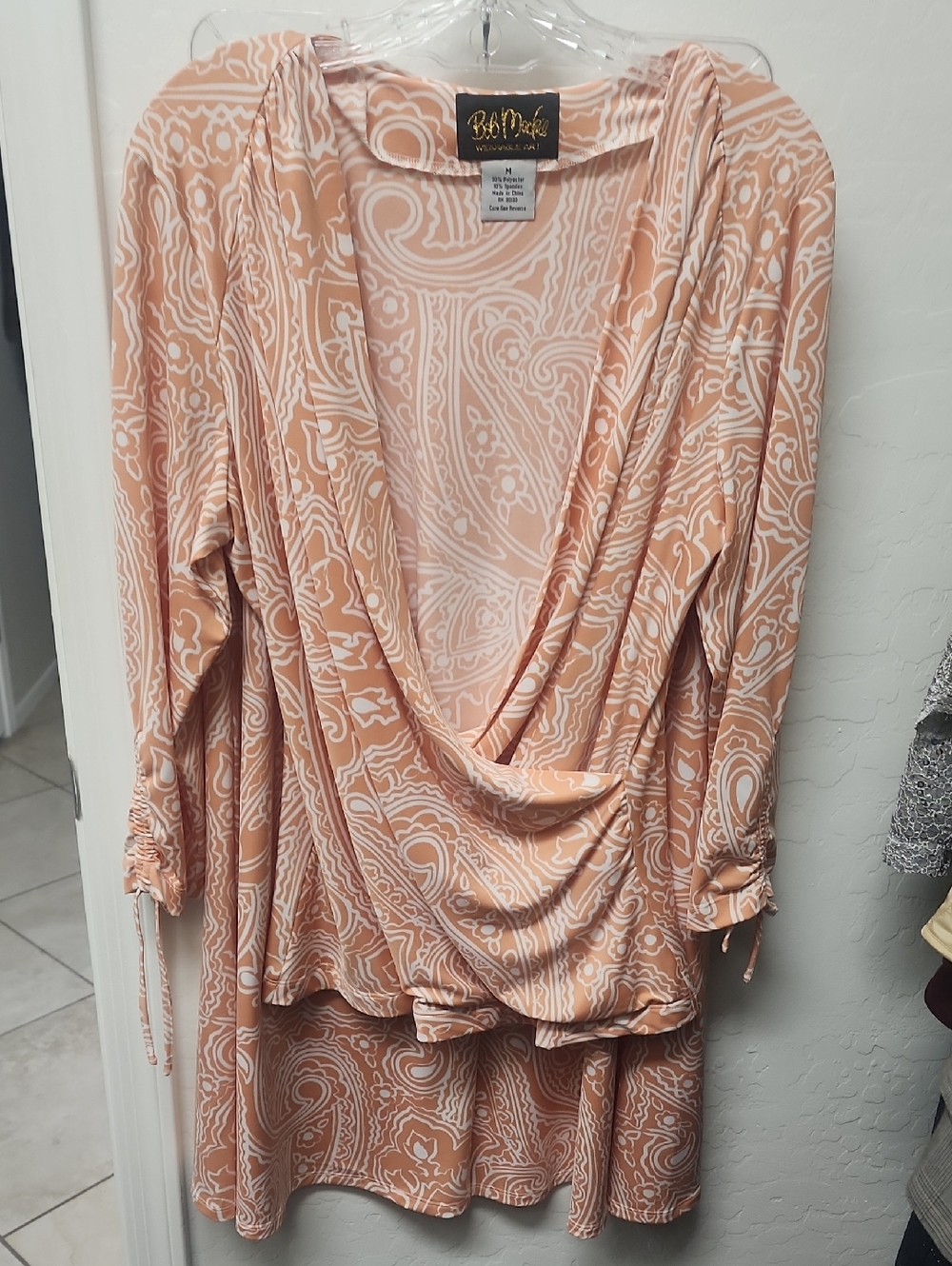 Bob Mackie Peach and White Paisley Long Sleeve Dress